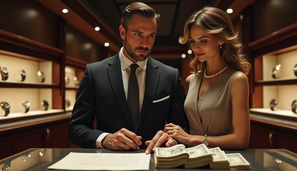 Couple at a luxury watch auction in Geneva: A successful couple attends a luxury watch auction in Geneva. The man wears a bespoke suit, and the woman is in a designer dress with a pearl necklace. They are surrounded by rare watches and stacks of dollar bills, ready to bid.