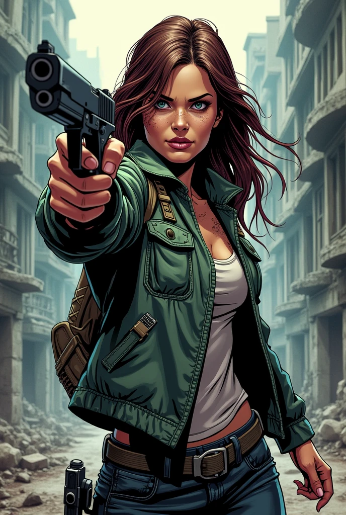Woman in jacket pointing a gun forward zombie apocalypse comic book 