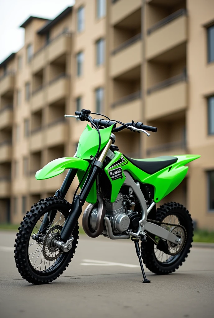Made a green 2019 kx 125 posed against a beige social housing building