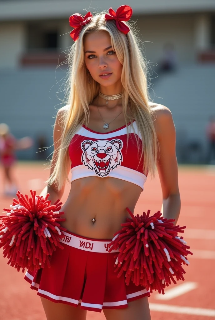 1 very young looking skinny  girl in shot posing , very slim tight skinny super model bod, legal but she looks 16y,lond long professional hairstyle  with ribbons, in a high school stadium, wearing a sexy cut out babysitter red and white striped school cheerleader uniform with Kenzo logo bear cleavage fashion, teen jewelery, very toned abs with navel piercing, 16 y fe and body, cheering with pom poms and bows ,massive huge low cut cleavage with bows, 8k raw, long legs, blushing