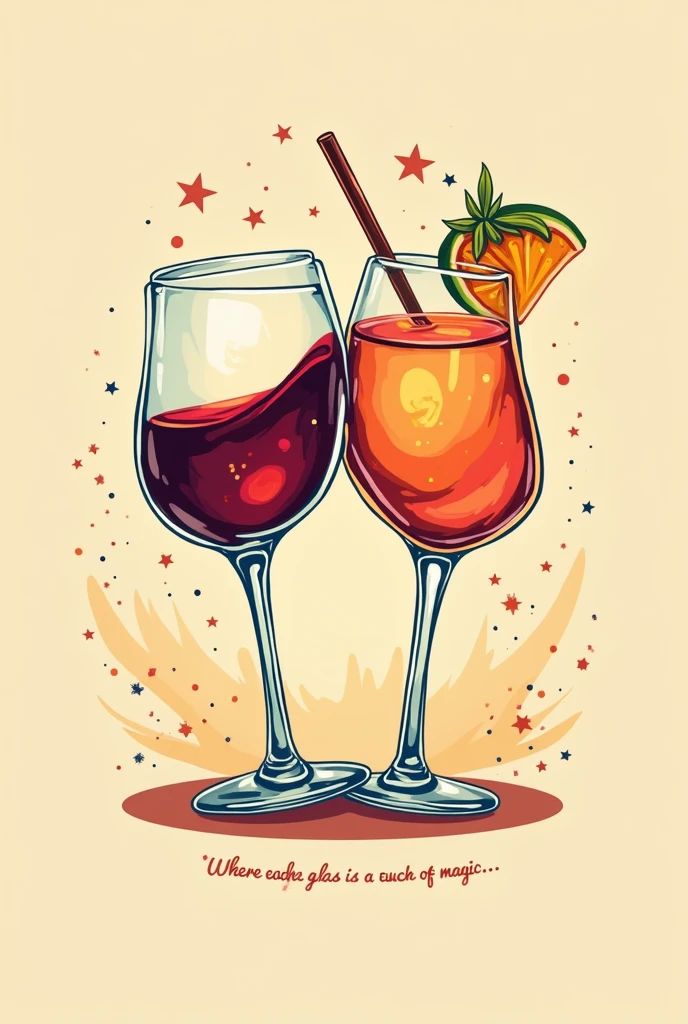 Create a logo for an open bar called dos copas with the slogan where each glass has a touch of magic with a glass of red wine and another of cosmopolitan making a toast