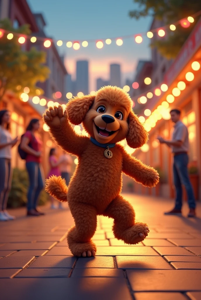 Image of a brown furry poodle, dancing to a happy song, illuminated outdoor environment, sidewalk, neighborhood, Smiling people, perfect animal, Second plan, city background