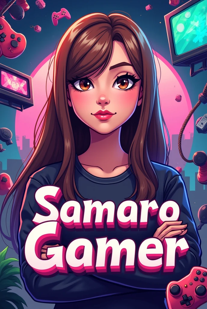 Create a kids logo for a YouTube channel , with an avatar of an imposing woman with straight light brown hair, light brown eyes with pink lips, and with the name Samara Gamer on a background of virtual games like play mouth without sexualization
