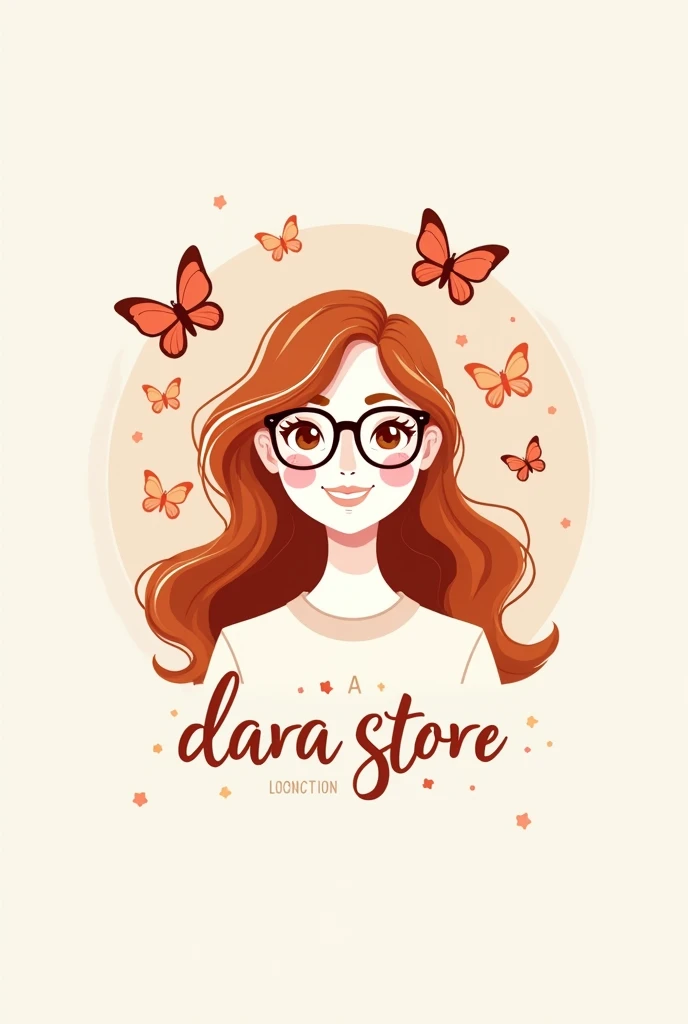 logo in 2d ,with a white girl with copper hair wearing glasses that says Dara Store in pretty letters and butterflies