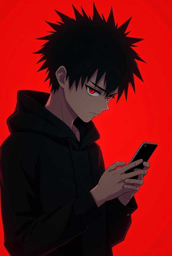 Anime boy , Spiky hair , black hair , black hoodie , red eyes , narrowed eye , playing phone , blank blood red background , side view