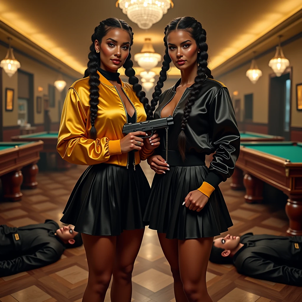 wide depth of field, wide depth of focus, f/11 lens setting, all objects in focus, full color image, 2 laughing women holding pistol, holding a pistol, large fraternity house game room, full body image, (two tone yellow and black short cropped shiny satin bomber jackets, shiny black pleated satin skirt), women posing with a pistol, long flowing hair worn in braids, confidant smile, pure form, intricate details, 8K post-production, high resolution, super detailed, Popular topics on Artstation,, Studio photos, intricate details, Very detailed, she stands in the middle of the room and she is surrounded by a large pile of defeated men laying unconscious with closed eyes on the floor