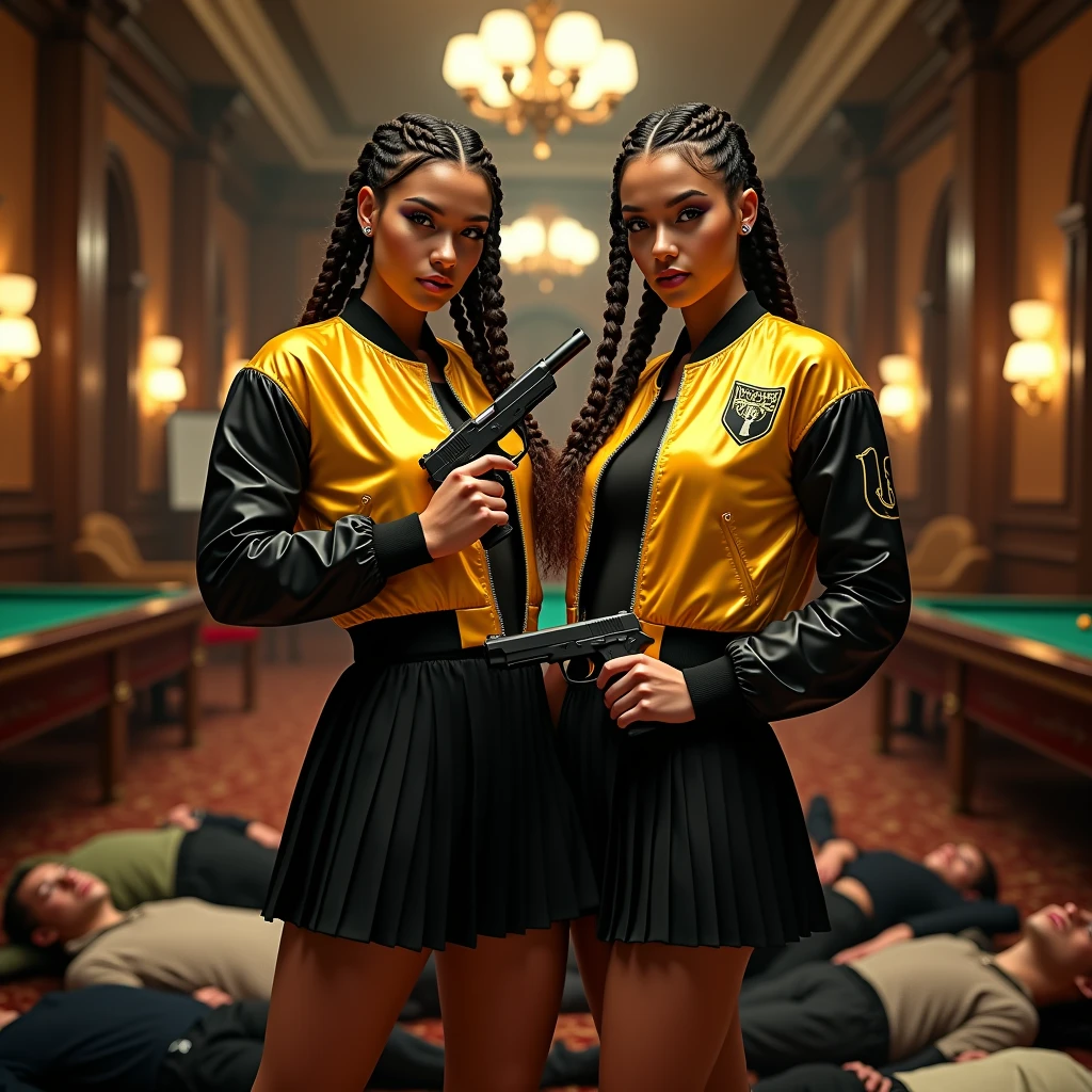 wide depth of field, wide depth of focus, f/11 lens setting, all objects in focus, full color image, 2 laughing women holding pistol, holding a pistol, large fraternity house game room, full body image, (two tone yellow and black short cropped satin bomber jackets with white trim, shiny black pleated satin skirt), women posing with a pistol, long flowing hair worn in braids, confidant smile, pure form, intricate details, 8K post-production, high resolution, super detailed, Popular topics on Artstation,, Studio photos, intricate details, Very detailed, she stands in the middle of the room and she is surrounded by a large pile of defeated men laying unconscious with closed eyes on the floor