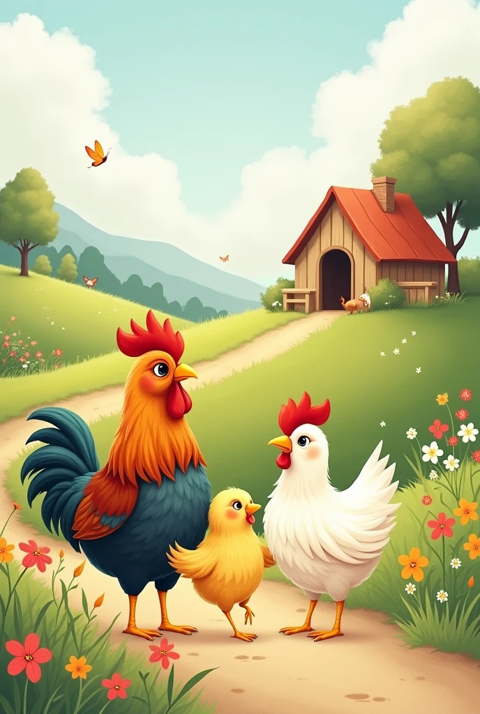 Dessin histoire pour enfant, dessin mignon, coq poule et poussin marchent vers un poulailler en se tenant par l'aile comme une famille