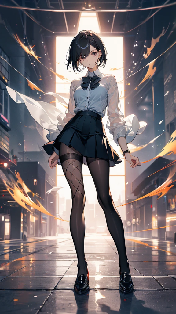 Perfect quality,Perfect body proportions,Long legs,student,jk outfit,whole body,Handsome short hair,Standing picture,White,sexly, See-through pantyhose,Fishnet stockings