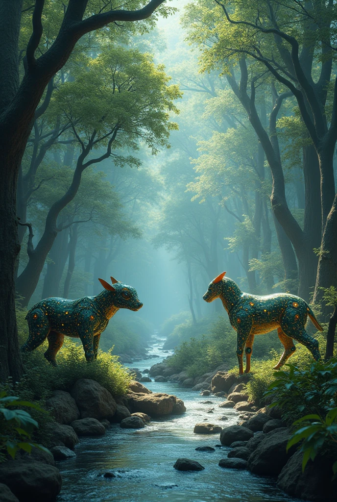Create an image showing a forest with trees that have integrated circuits and LED lights instead of leaves, with a river that looks like a digital data stream, and robotic animals interacting with nature.