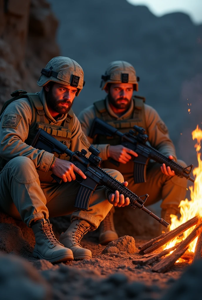 Photorealism 1.4 realistic realism high detailed definition two navy seal commando look very tired front of campfire sitting sleeping hold M4 carbine rifle wearing dessert camouflage