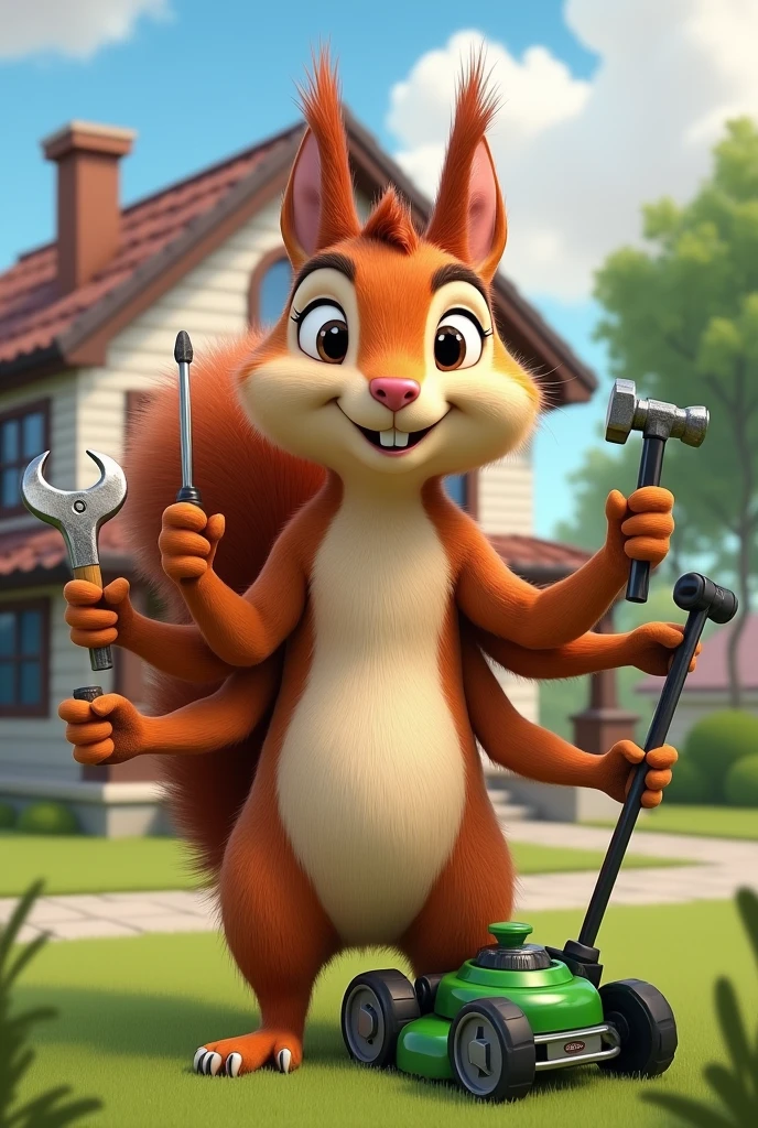 A handyman squirrel with 6 arms holding tools and a lawn mower in front of a house, like a pixar
