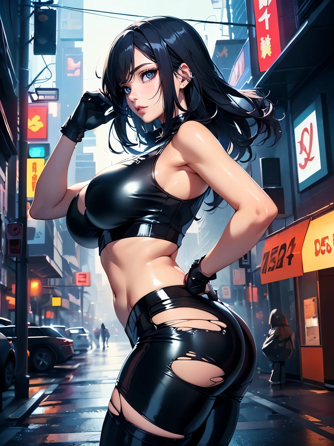 ((Seductive Anime Girl:1.2、solo:1.3))、((cyberpunk:1.2))、((Futuristic))、((dynamism posing:1.4))、(((Standing in honor:1.3)))、((Rear view:1.3))、((hip close-up))、((latex suit:1.2、hot pants:1.4))、((Being in midnight city:1.2))、((sleeveless:1.2))、((torn and ripped:1.2))、((crop top navel:1.2))、((wedgie:1.2))、((huge hip:1.3))、Meticulously drawn hair, Meticulously drawn eye, full body、Sexy body、((Glossy realistic skin texture:1.2))、((shiny skin:1.2))、((Meticulously drawn hands))、((absurdres:1.3))、((perfect anatomy:1.2))、art stations、masterpiece, Top image quality, Smooth texture、Sharp Focus、watercolor