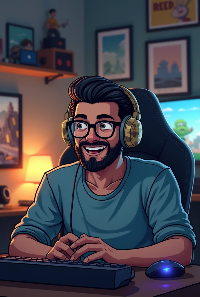 white man with slicked up hair, black glasses and black beard, beige camouflage gaming headset, expression of happiness, watching videos on the computer alone and smiling, illustrations in the gamer room, high quality fanart, 2d illustration, shadowing,  frontal perspective!!!