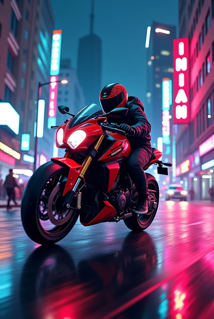 Ns 200 pulser Indian model bike in a city at night with neon light