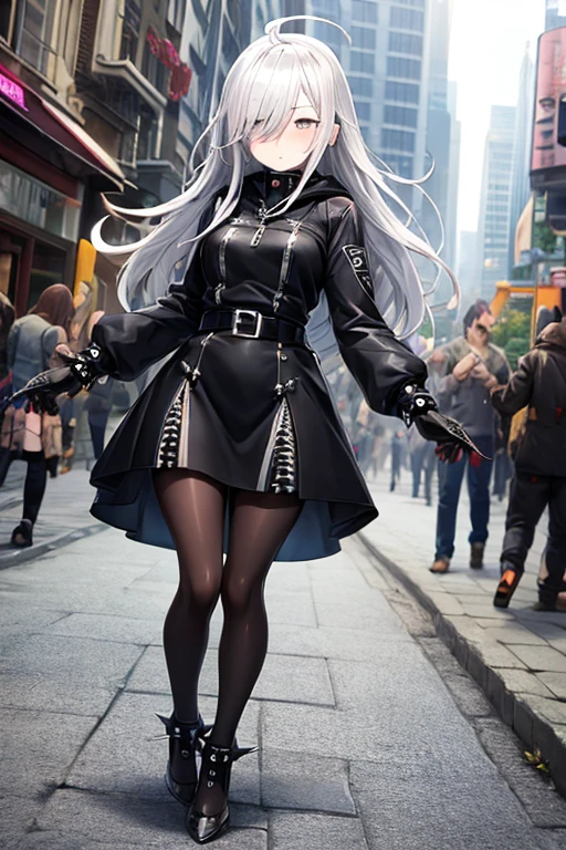 ((best quality)), ((masterpiece)), (detailed), 1 girl, Full body, 1, Face Depressed, Silver eyes, Outstretched arm, Gray zipper Hood, Blushing, Long hair, Silver hair, Spiky hair, Ahoge, Bangs, Lock of hair covering right eye, Full body, Very tall, Small breasts, Thin body, Metal spikes, Gray bracelets, Long black gloves, Gray gothic dress, Gray dress with metal spikes, Metal emblem, Somewhat tight, Black belt, Black pantyhose, Black shoes, Walking through the city, Giant metal spikes sticking out of the street, Cracked road, City background, Anime