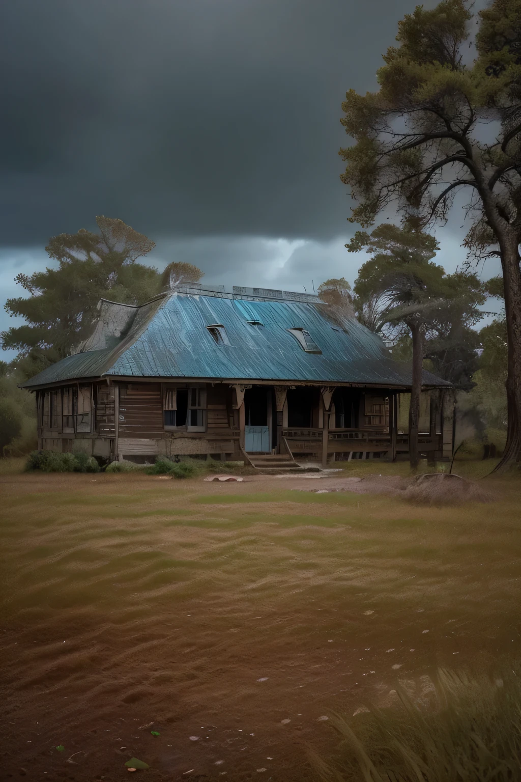 a sad man standing alone in a rainy forest, melancholy expression, stormy clouds, raindrops, moody lighting, dramatic shadows, blue tones, detailed landscape, dilapidated house in the background, gloomy atmosphere, (best quality,4k,8k,highres,masterpiece:1.2),ultra-detailed,(realistic,photorealistic,photo-realistic:1.37)