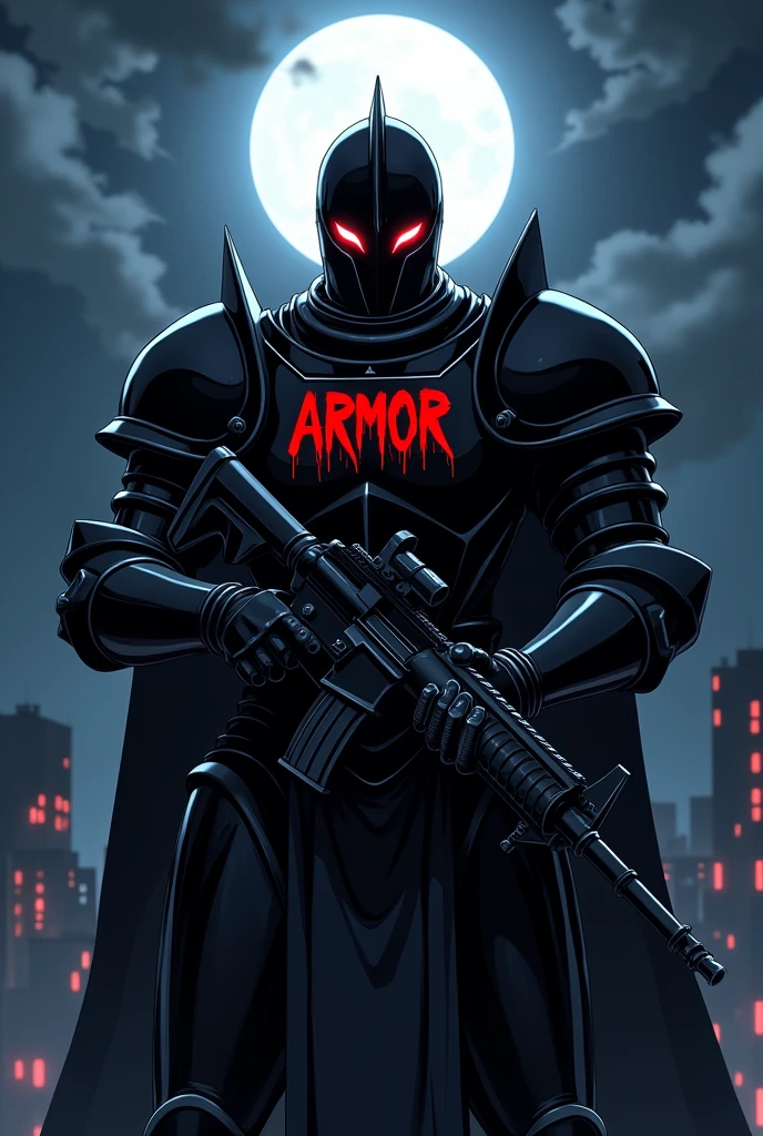 A Knight in a black armour and red glowing eyes and holding gun and lking front  in background night sky moon in anime version on armour write " ARMOUR "
