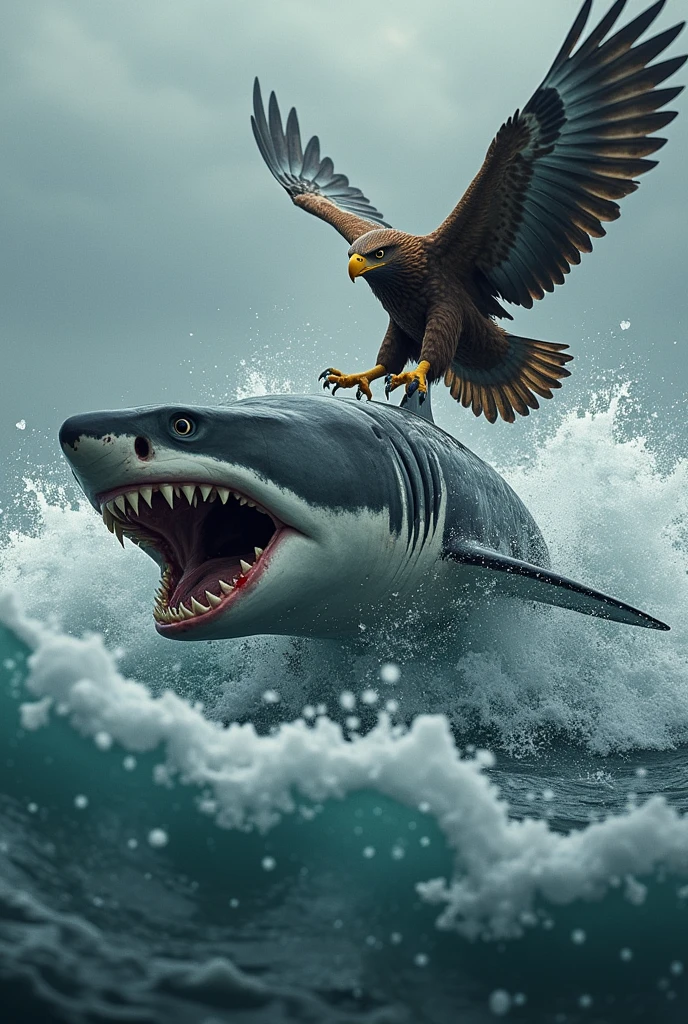 Create an image of a shark killing an eagle and make the eagle injured
