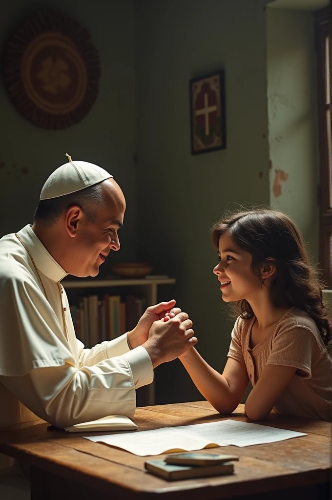 Young Latin Pope, shaking hands with his daughter as they sit at a table with loose papers, inside the house in an Amazonian village