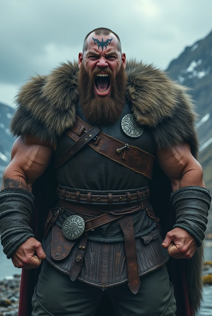 a mega realistic viking screaming with his teeth showing, with a Nordic tattoo around his eye