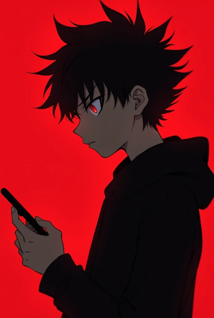 Anime boy , Spiky hair , black hair , black hoodie , red eyes , narrowed eye , playing phone , blank red background , side view