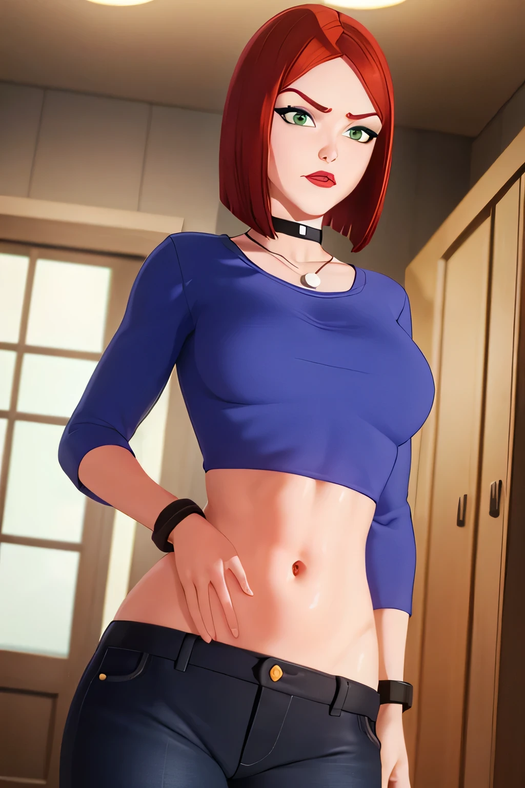 straight-on,pose,looking at viewer,solo, BREAK,
CARTOON_merry_jane_watson_SMTAS_ownwaifu, www.ownwaifu.com, 3d, 
red hair, short hair, green eyes, breasts, makeup, lipstick, red lips, bob cut, choker, jewelry, necklace, black choker, blue shirt, crop top, long sleeves, black_pants, jeans, denim, wristband, super fine illustration, vibrant colors, masterpiece, sharp focus, best quality, depth of field, cinematic lighting, ultra detailed, belly, tummy, annoyed, indoors, looking down,  model pose