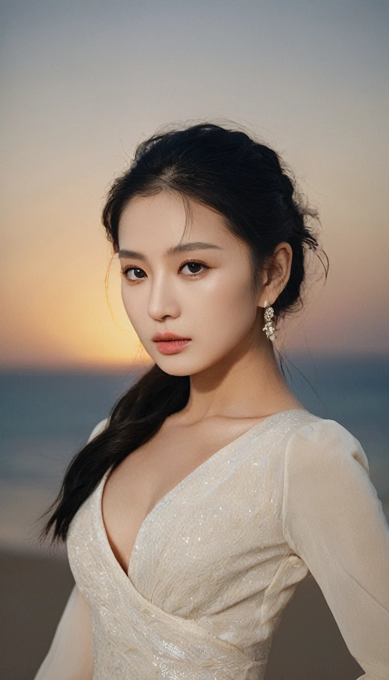 8k,Ultra-high-definition CG,masterpiece,Highest quality,Very detailed,Ultra-realistic,Realistic,Increased depth of field,Cinematic lighting,
Elegant Japanese actress,
A beautiful face with a perfect golden ratio,Ultra-detailed and beautiful face,Black Hair,Long Hair,Gentle expression,Ultra-detailed skin,Translucent white skin,Realistic skin texture,Great proportions,
Elegant resort dresses,
Seaside at sunset,Desolate sandy beach,
Dramatic Angle,