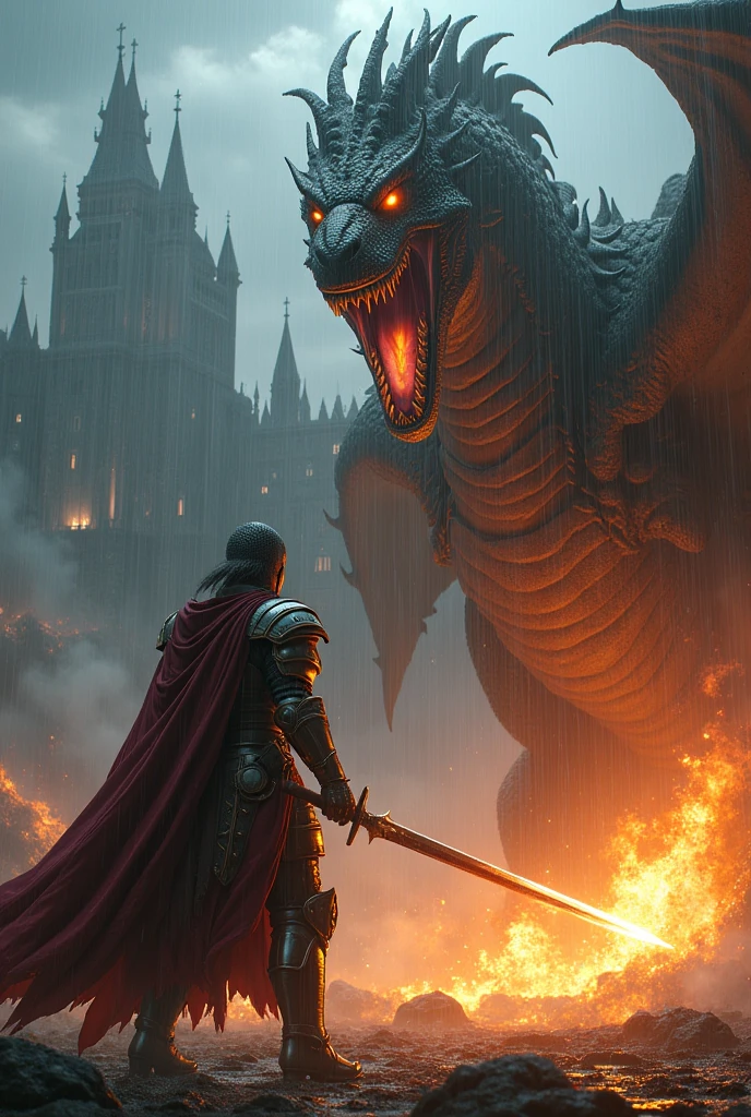 A knight fighting a dragon throws fire in the rain with a huge castle