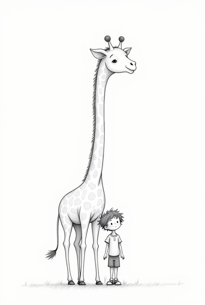 A pencil sketch of a boy leaning against a girrafe
