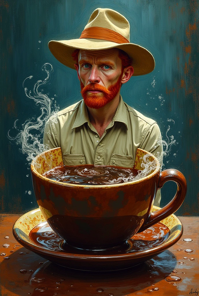 Van Gogh sits on a cup of coffee and drinks coffe