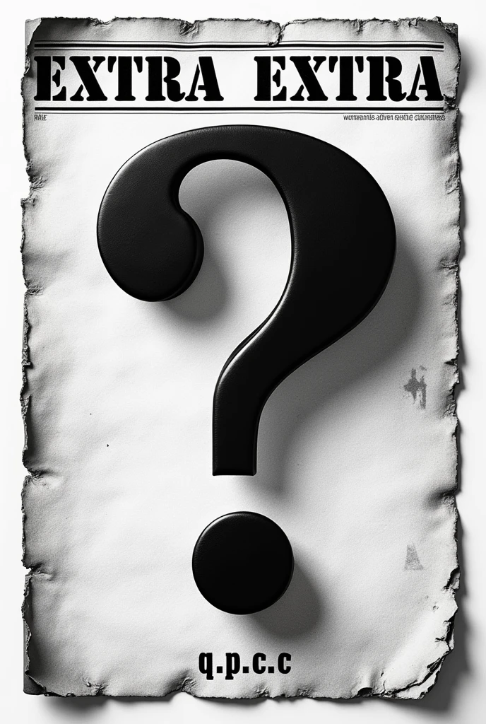 crea un periódico en blanco y negro donde el Titulo principal de la portada diga "Extra Extra" and the cover is a question mark that generates mystery and the title below it says "q.p.c.c"