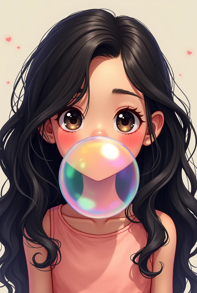 one ,  child, Brunetette , long hair, black, wavy , with bubble gum in her mouth 
