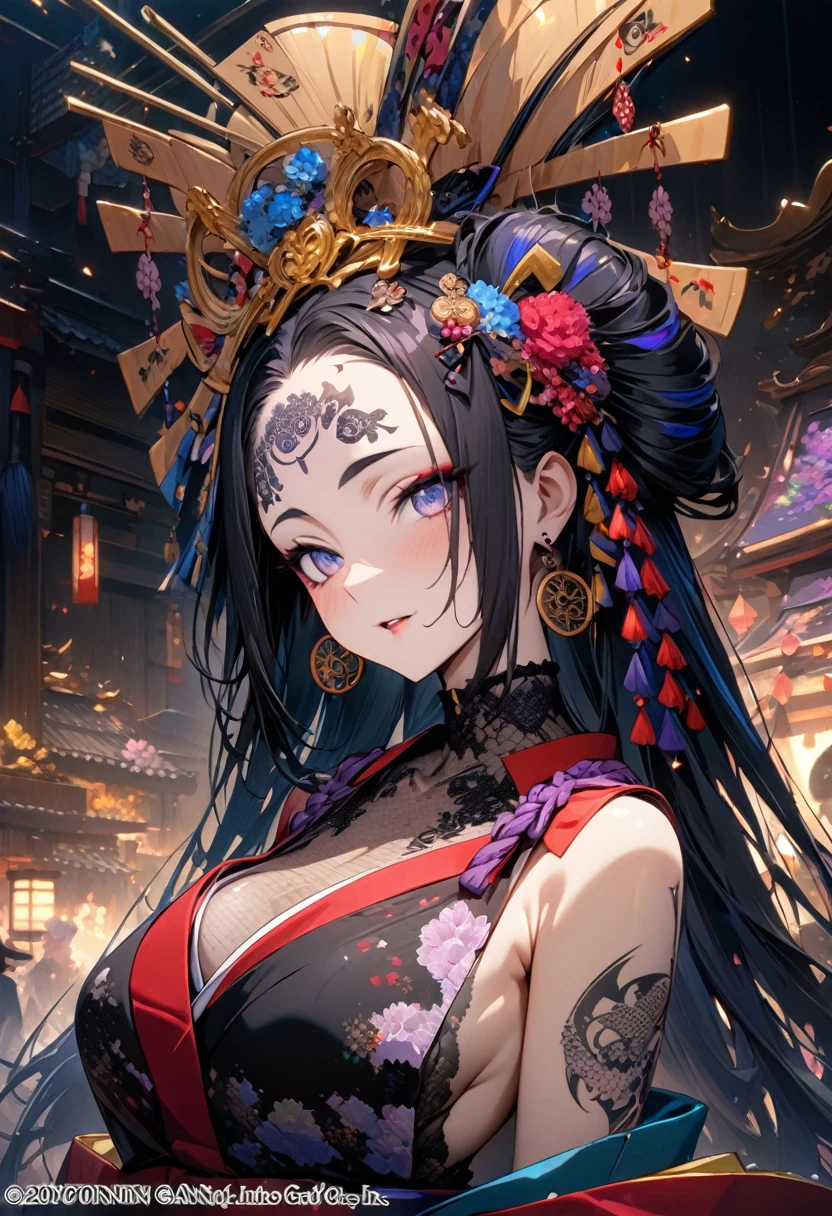 1 girl、Mature、Ample breasts、Long Hair、Black Hair、Straight Hair、Trimmed bangs、Purple Eyes、Red eyeshadow、With a smoke tube、A seductive smile、China dress、Black costume、No sleeve、黒いChina dress、Chinatown、Night view、High resolution、Highest quality