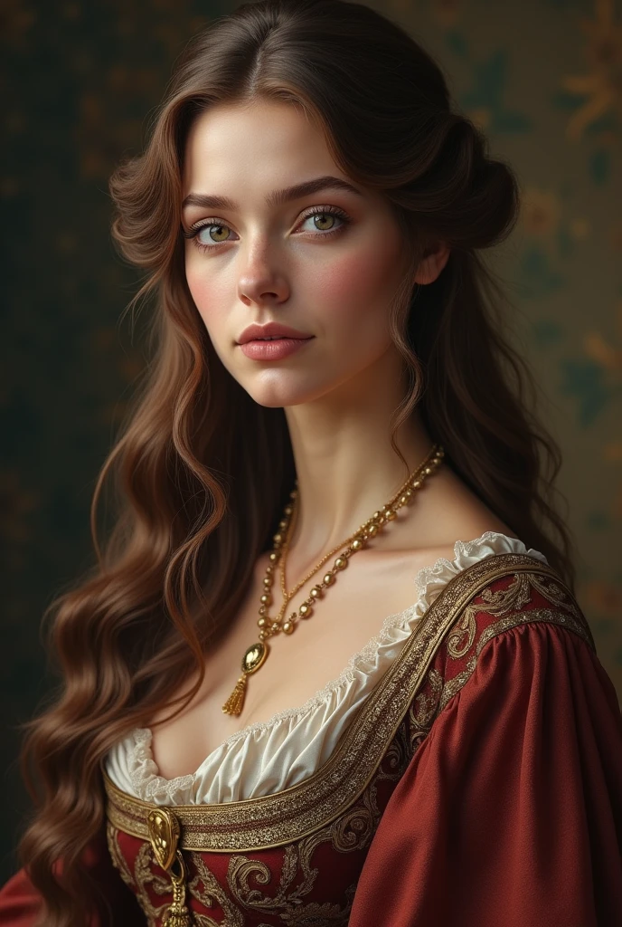 (photorealism:1.2), beautiful woman, a striking figure with long, wavy chestnut brown hair that cascades down her back. Her eyes are a deep, contemplative hazel, reflecting both her inner strength and vulnerability. She has a poised, graceful demeanor, often dressed in elegant, yet practical attire suitable for a noblewoman with responsibilities. Her style includes intricate patterns and rich fabrics that hint at her family’s status and her own personal elegance.