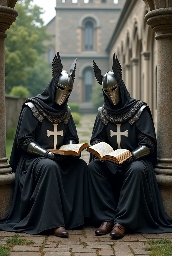 ultra realistic picture of two templar knights in armor, black robes with white cross, winged great helm,reading a holy script while sitting on a stone bench, monastery in the background