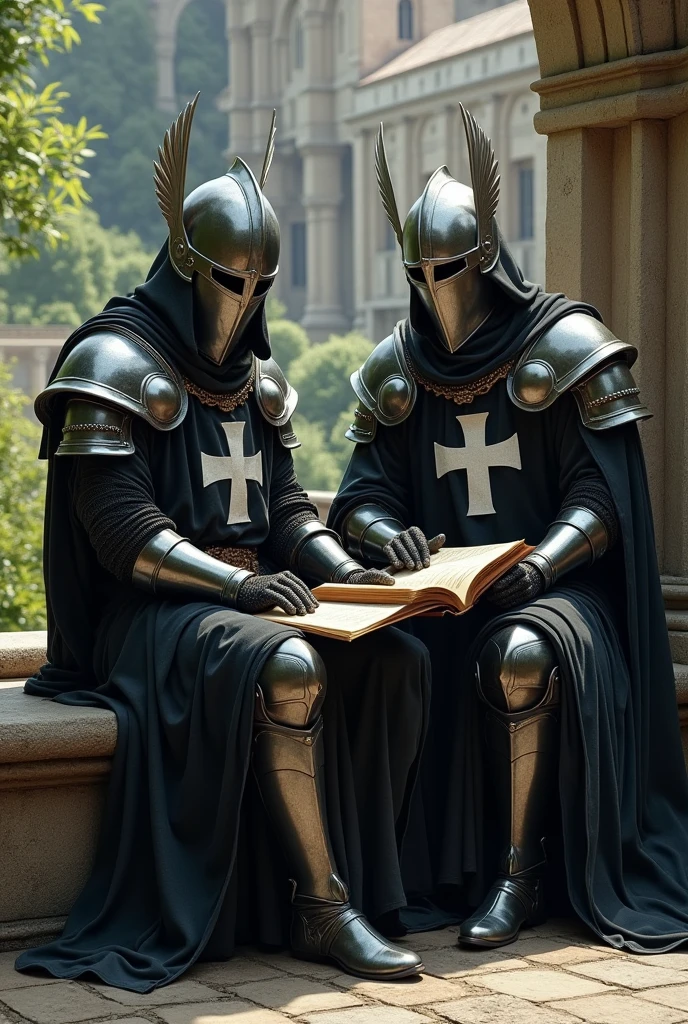 ultra realistic picture of two templar knights in armor, black robes with white cross, winged great helm,reading a holy script while sitting on a stone bench, monastery in the background