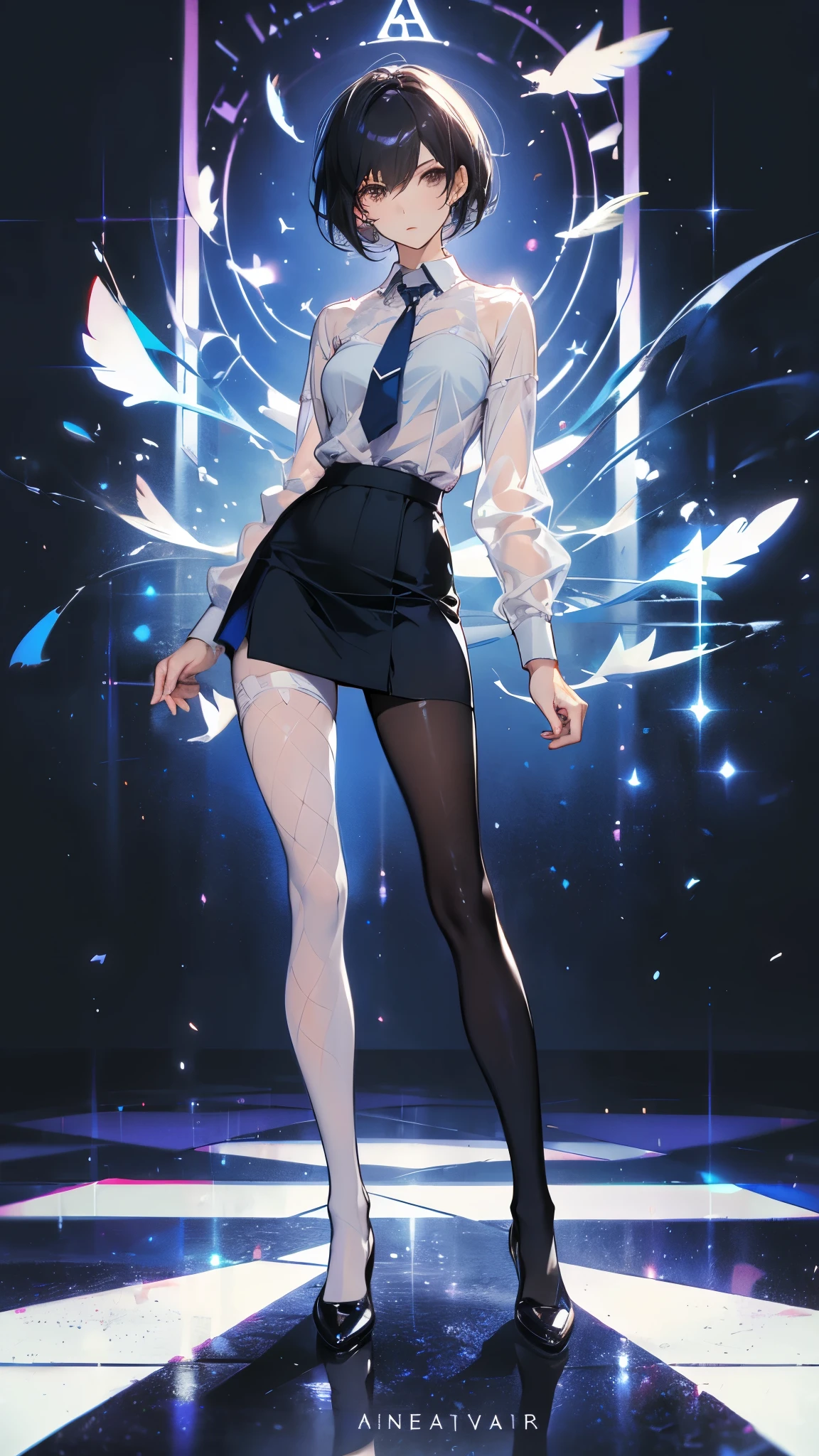 Perfect quality,Perfect body proportions,Long legs,student,jk outfit,whole body,Handsome short hair,Standing picture,White,sexly, See-through pantyhose,Fishnet stockings