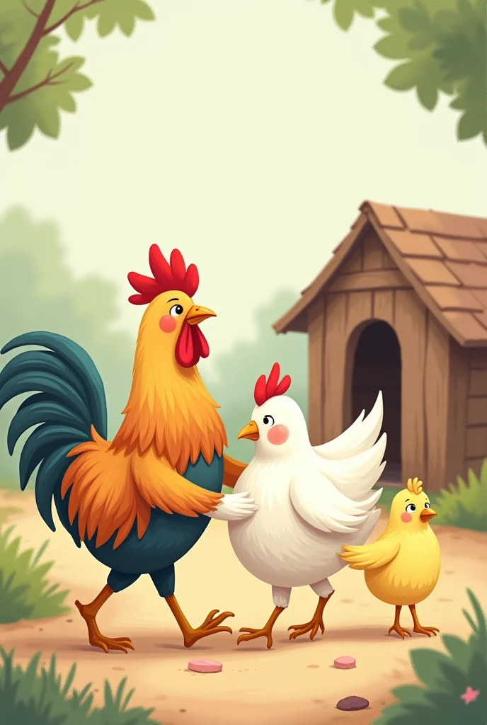 Dessin histoire pour enfant, dessin mignon, rooster with a white hen and chick walk towards a chicken coop holding each other's wings like a family