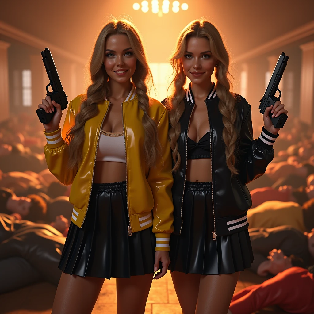 wide depth of field, wide depth of focus, f/11 lens setting, all objects in focus, full color image, 2 women holding pistol, holding a pistol, large fraternity house game room, full body image, (two tone yellow and black satin bomber jackets with white trim, white pleated satin skirt), blonde women posing with a pistol, long flowing hair, confidant smile, pure form, intricate details, 8K post-production, high resolution, super detailed, Popular topics on Artstation,, Studio photos, intricate details, Very detailed, she stands in the middle of the room and she is surrounded by a large pile of defeated men laying unconscious with closed eyes on the floor