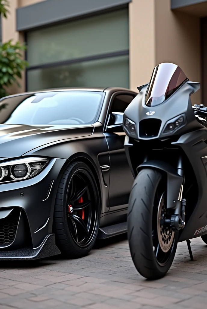 Modified BMW m3 2015 in black color with Kawasaki Ninja h2, together