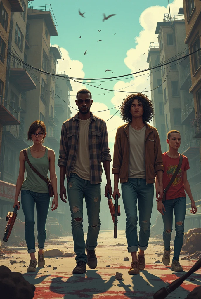 5 friends in a zombie invasion,1 friend must be short with glasses and short hair,another tall friend with curls and glasses,another tall black friend with straight hair,and another friend of average height bald