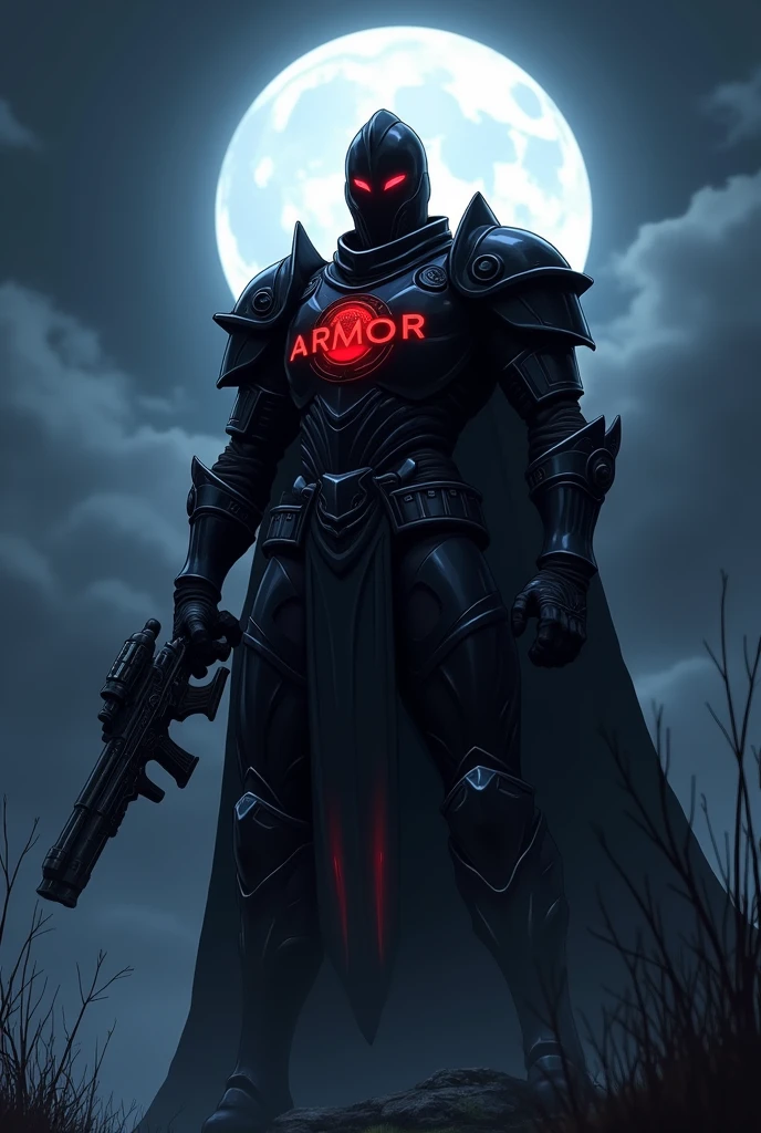 A Knight in a black armour and red glowing eyes and holding gun and looking front  in background night sky moon in anime version on armour write " ARMOUR " with logo