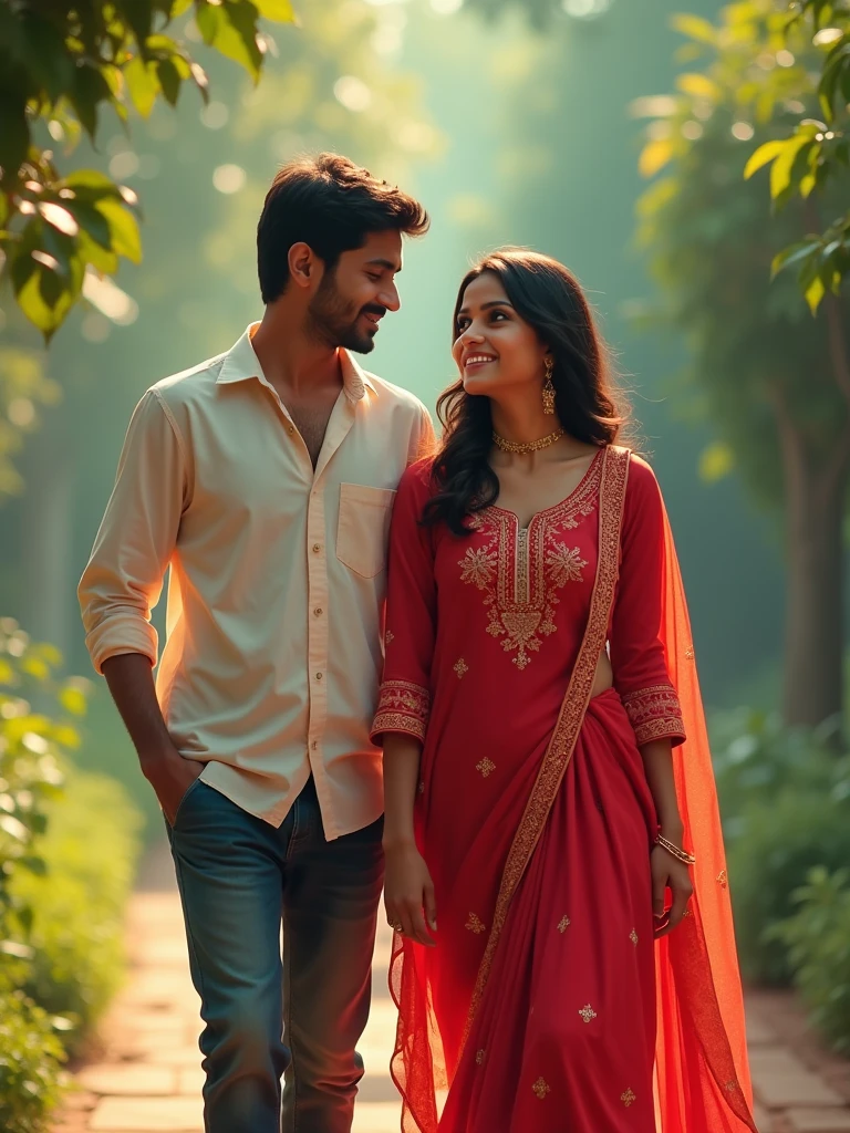 A 2 Indian girl&boy she is wearing red colour suit salwar and she is going towards the garden and behind her she also has boyfriend when I am going hand in pocket and the girl is a little bit shy And she has boyfriend behind her too.hd realistic art image