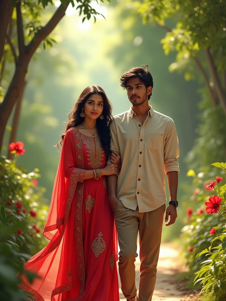 A 2 Indian girl&boy she is wearing red colour suit salwar and she is going towards the garden and behind her she also has boyfriend when I am going hand in pocket and the girl is a little bit shy And she has boyfriend behind her too.hd realistic art image