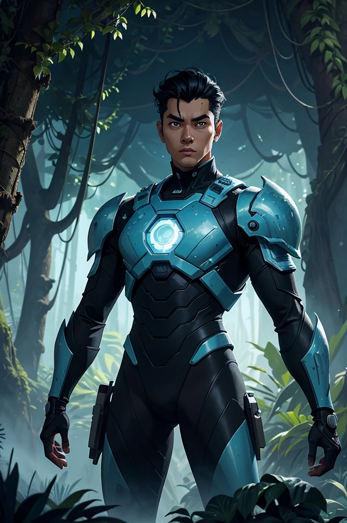 ultra-fine digital painting of a shape-shifting entity that adapts to the environments of a jungle planet with levitating cyberpunkai flora, super detaill, Ultra-realism, volumetric lighting. inside this forest Create of an Asian man, slicked black hair, Youngh, stark, closed. uma imagem no estilo dos Knights of the Zodiac(Knights of the Zodiac) leave the male armor white, some light blue parts .a modern and cyberpunk look. He is coming out of the mouth of a cave full of white and blue crystals in the middle of the forest.. cyber punk, Steampunk, Splatterpunk