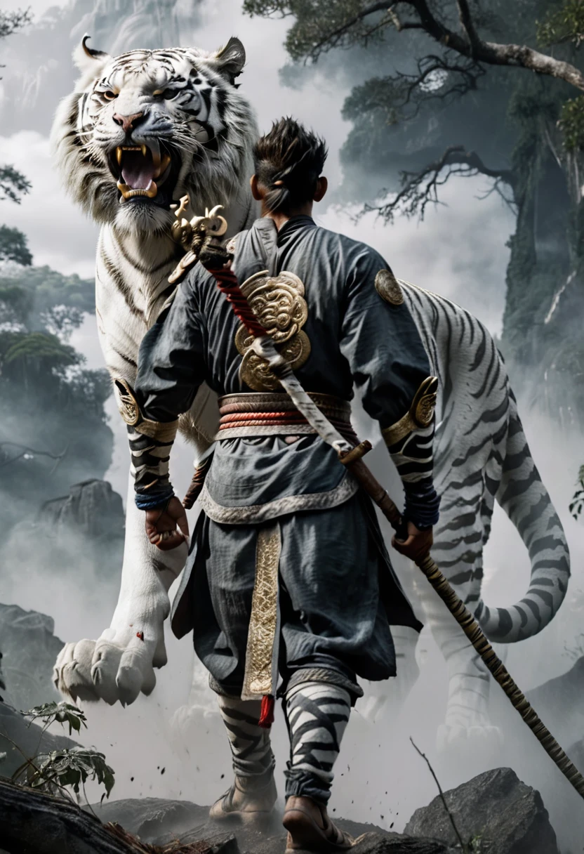 Full body shot of Black Myth Wukong, he is standing while staring intently in front of a white tiger while opening his mouth with sharp teeth, he is holding a god's staff weapon in his hand, a perfectly shaped figure, located in a sultry forest environment and with sharp corners and dense fog, white clouds with black lines, smooth lines, very realistic, octane rendering, unreal engine 5, blender 3d model, trending art station with raw style --ar 85:128 --v 6.1