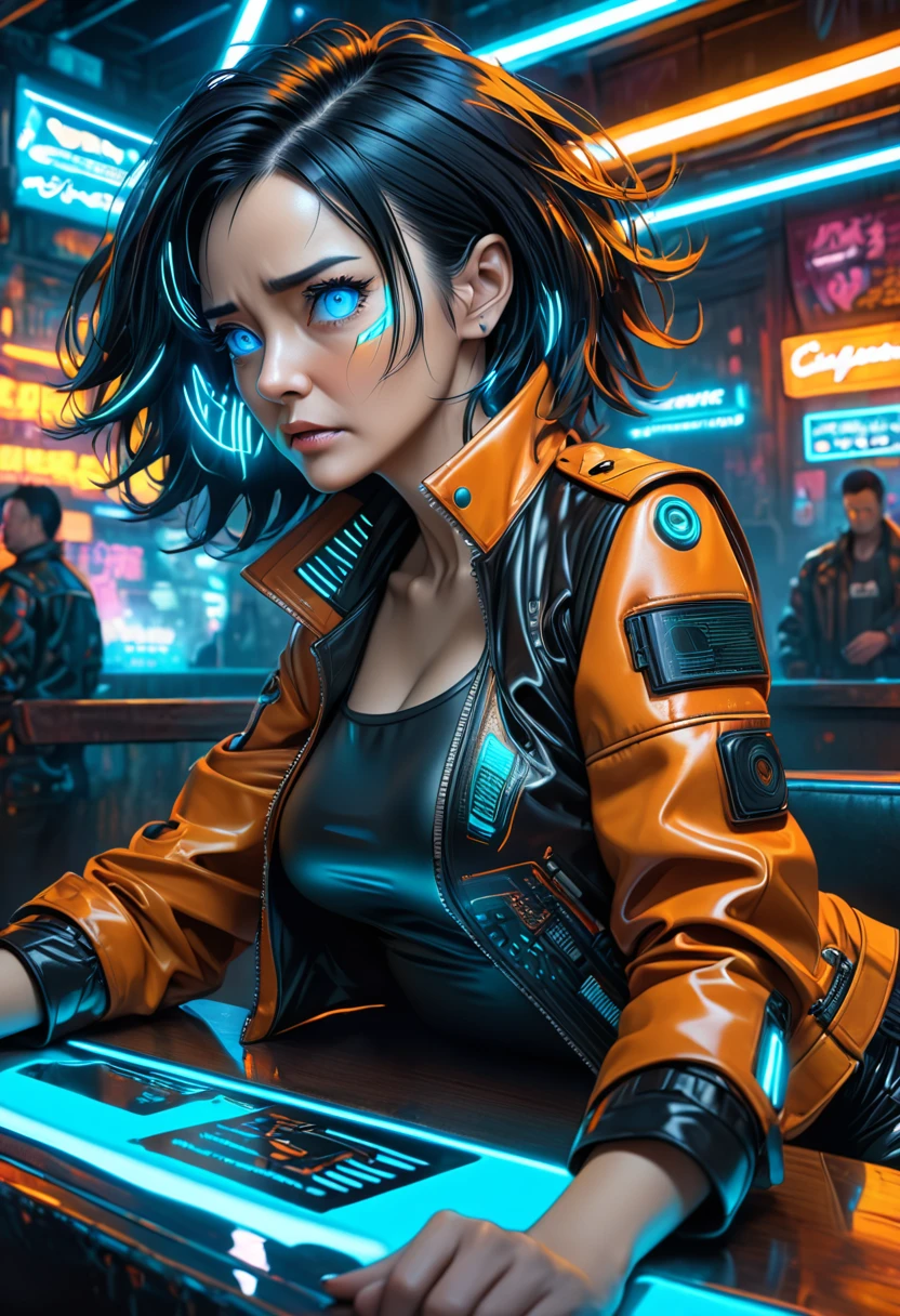 illustration, detailed illustration, ultra detailed, dynamic angle, cyberpunk, 50 year old woman, medium black hair, hair with cyan streaks, mismatched eyes, cybernetic eye, blue eye, lean, medium breasts, black leather top, orange leather jacket, tired expression, cowboy shot, dark bar interior, dark environment