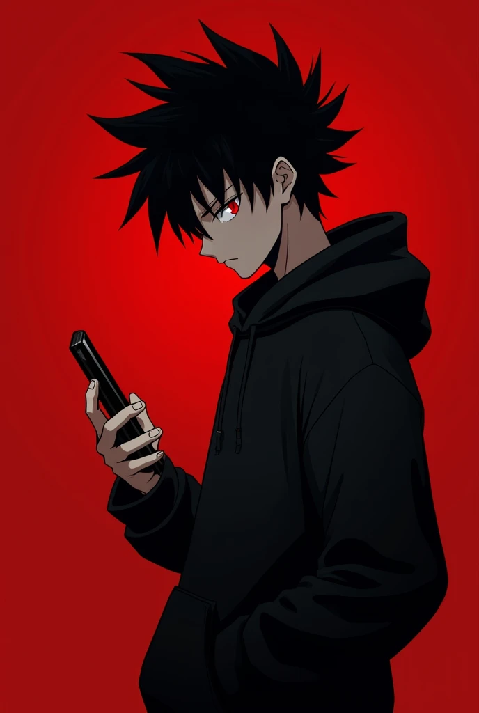 Anime boy , Spiky hair , black hair , black hoodie , red eyes , narrowed eye , playing phone , blank dark red background , side view