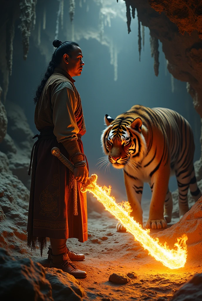 A Hmong man in a cave holding a fire sword is looking at a big tiger.
